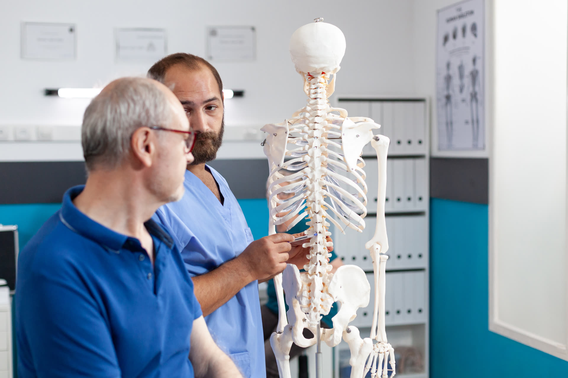 Medici analizând coloana vertebrală pe un schelet anatomic